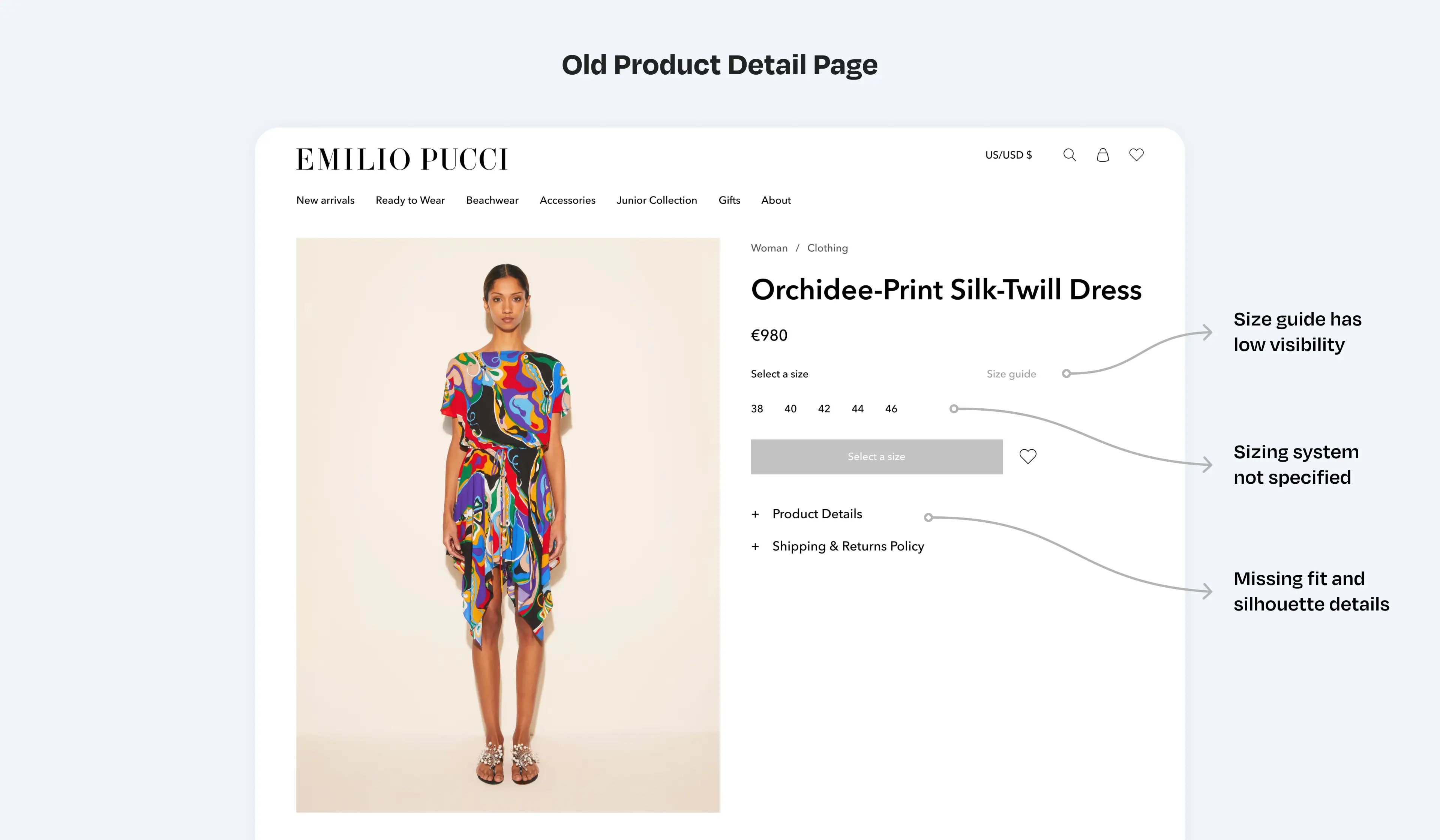 Image of the old product detail page