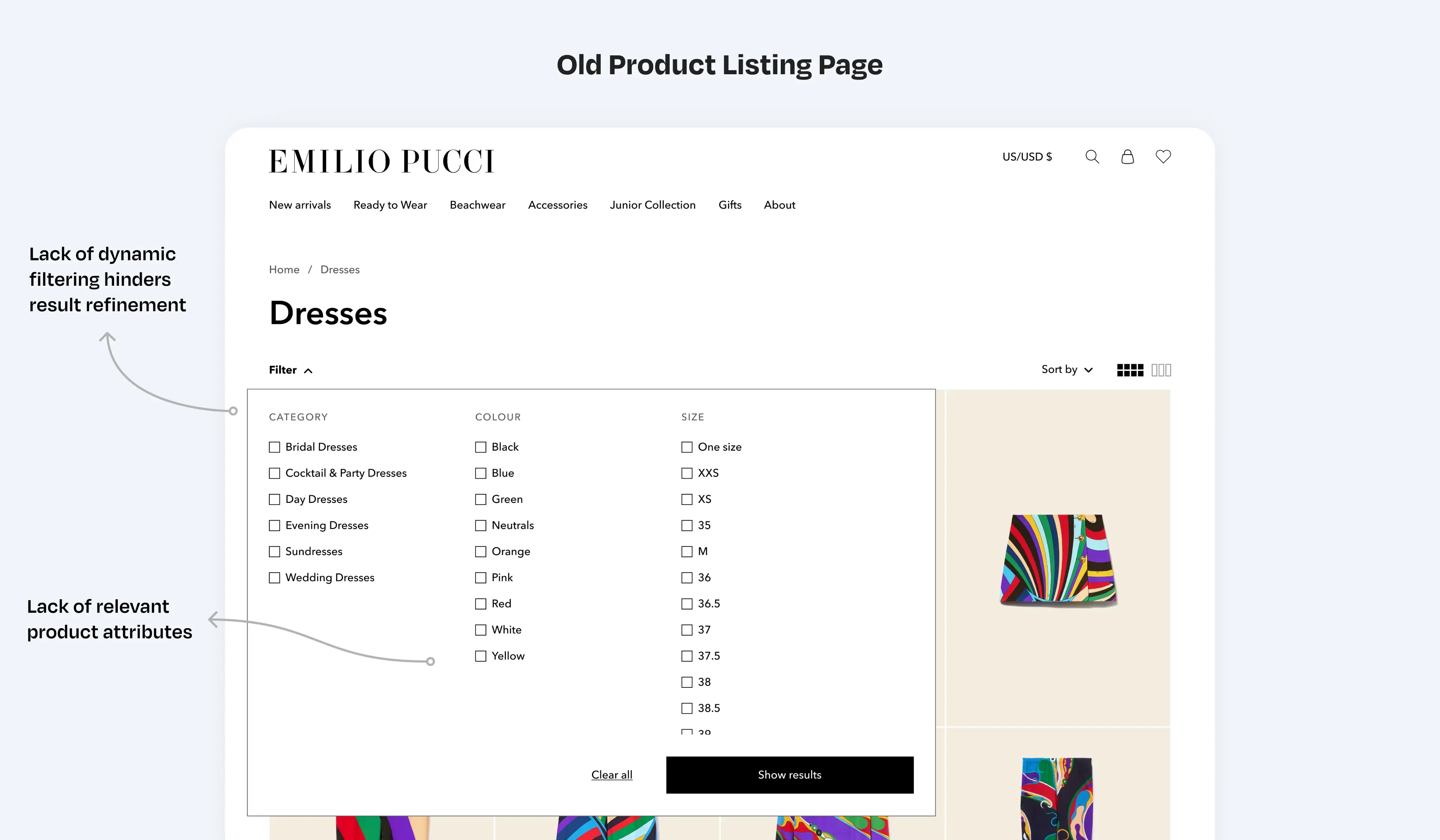 Image of the old product listing page