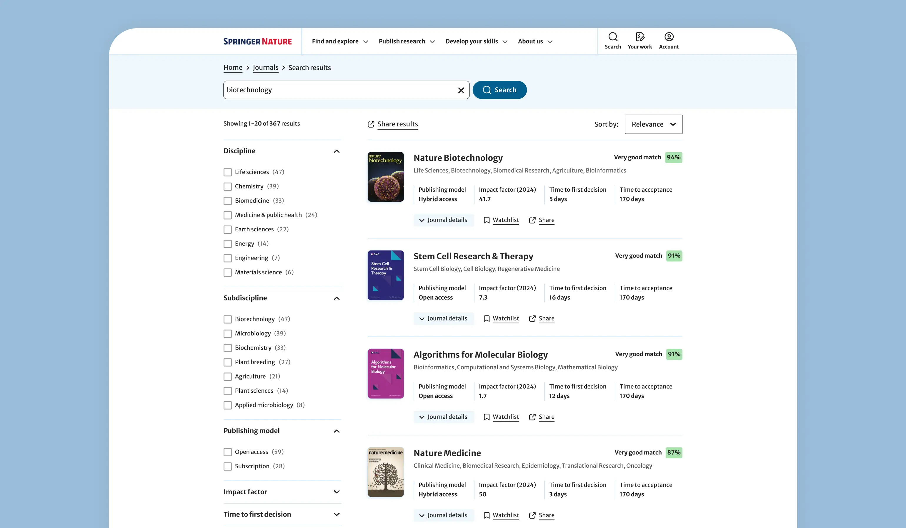 Image of the journal finder listing page on desktop