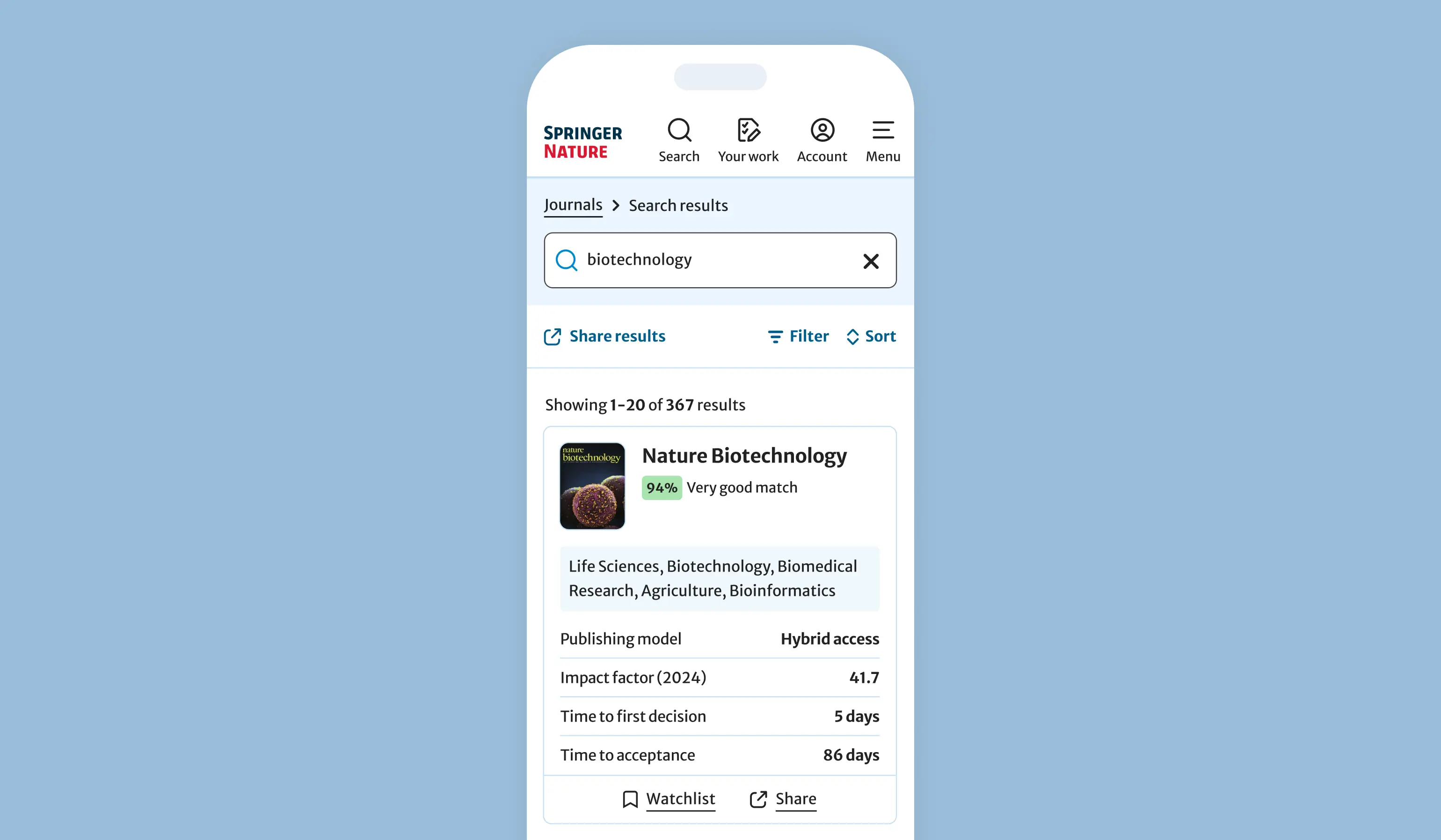 Image of the journal finder listing page on mobile