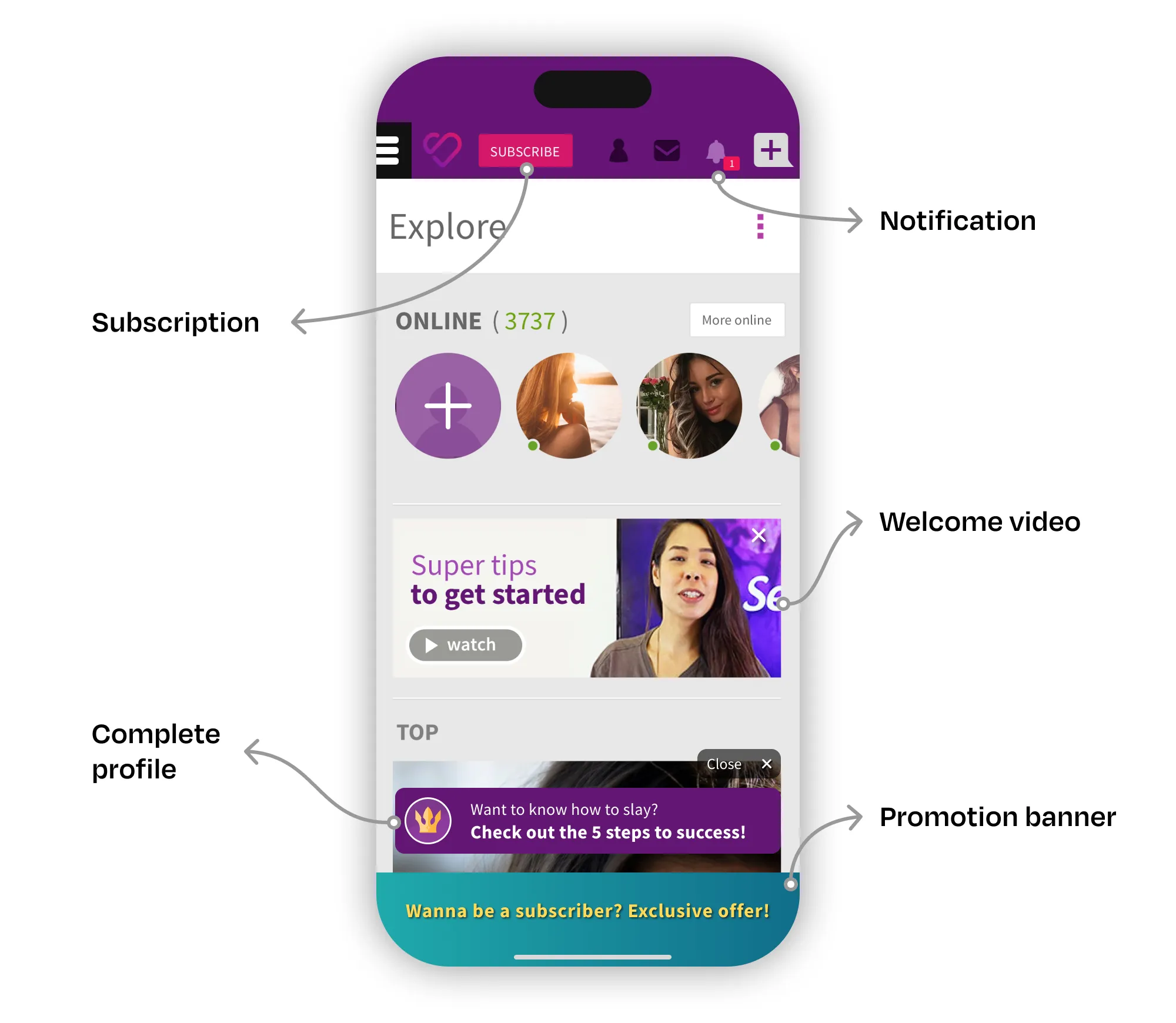 Image of initial screen of SL pointing all the different interactions possible when the user lands on the homepage