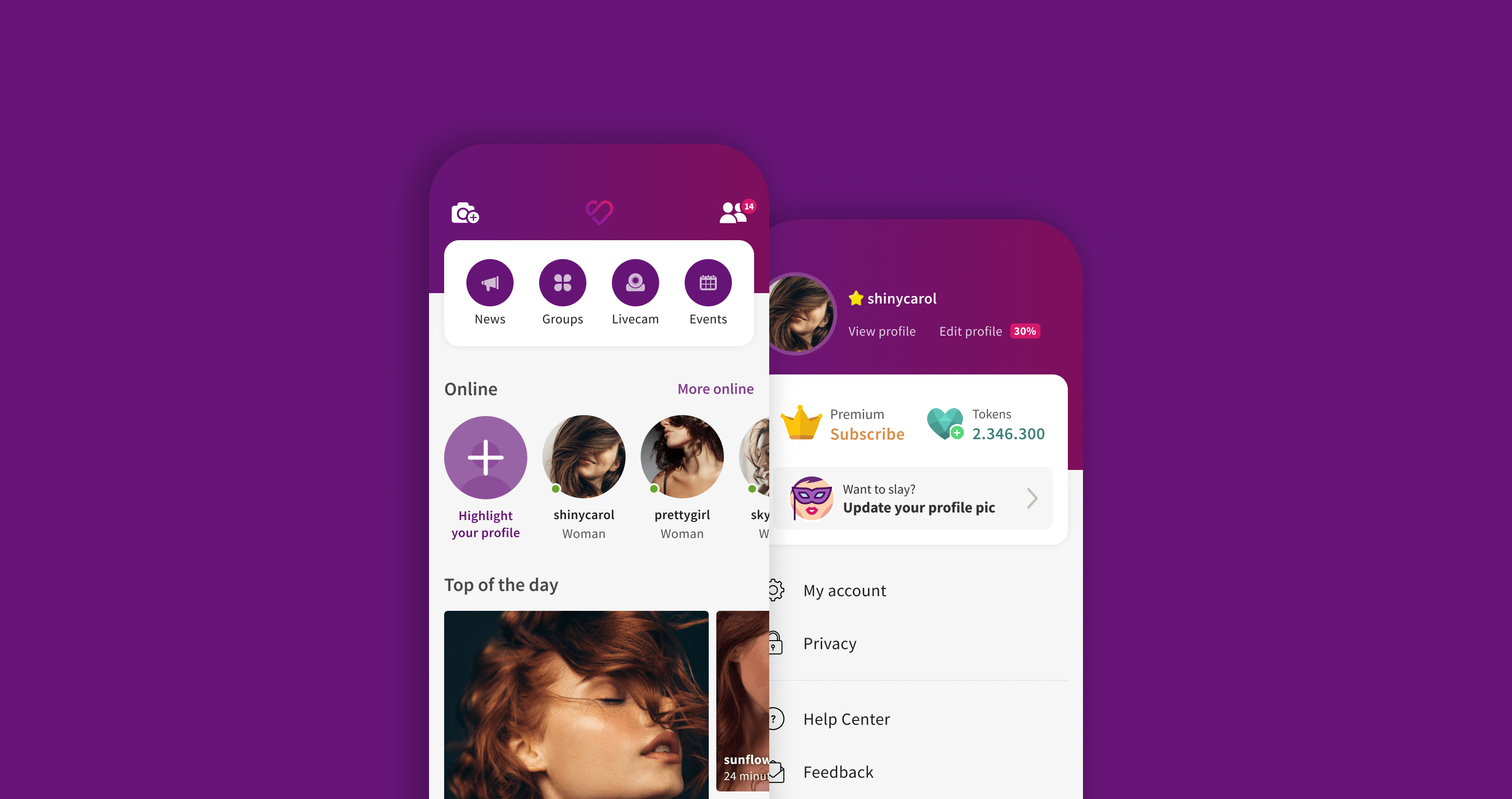 Picture two mobile screens showcasing SL mobile redesign
