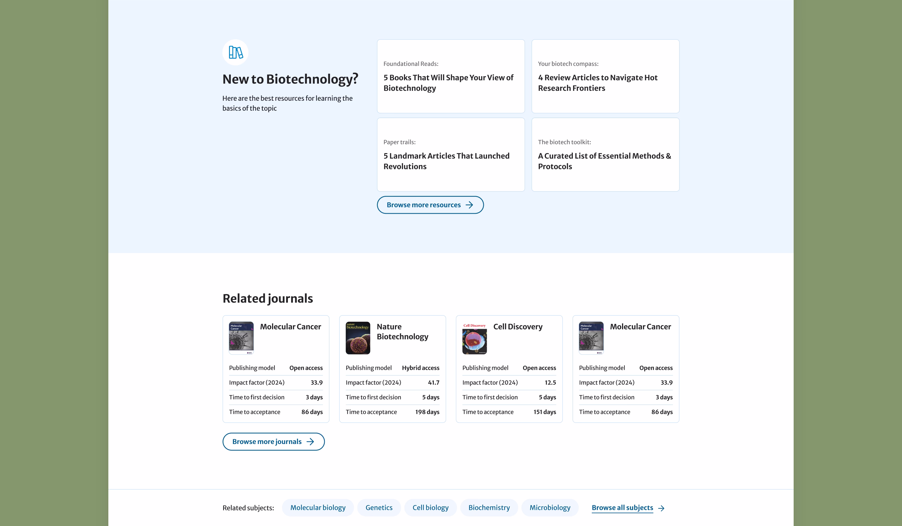 Image of subject landing pages on desktop